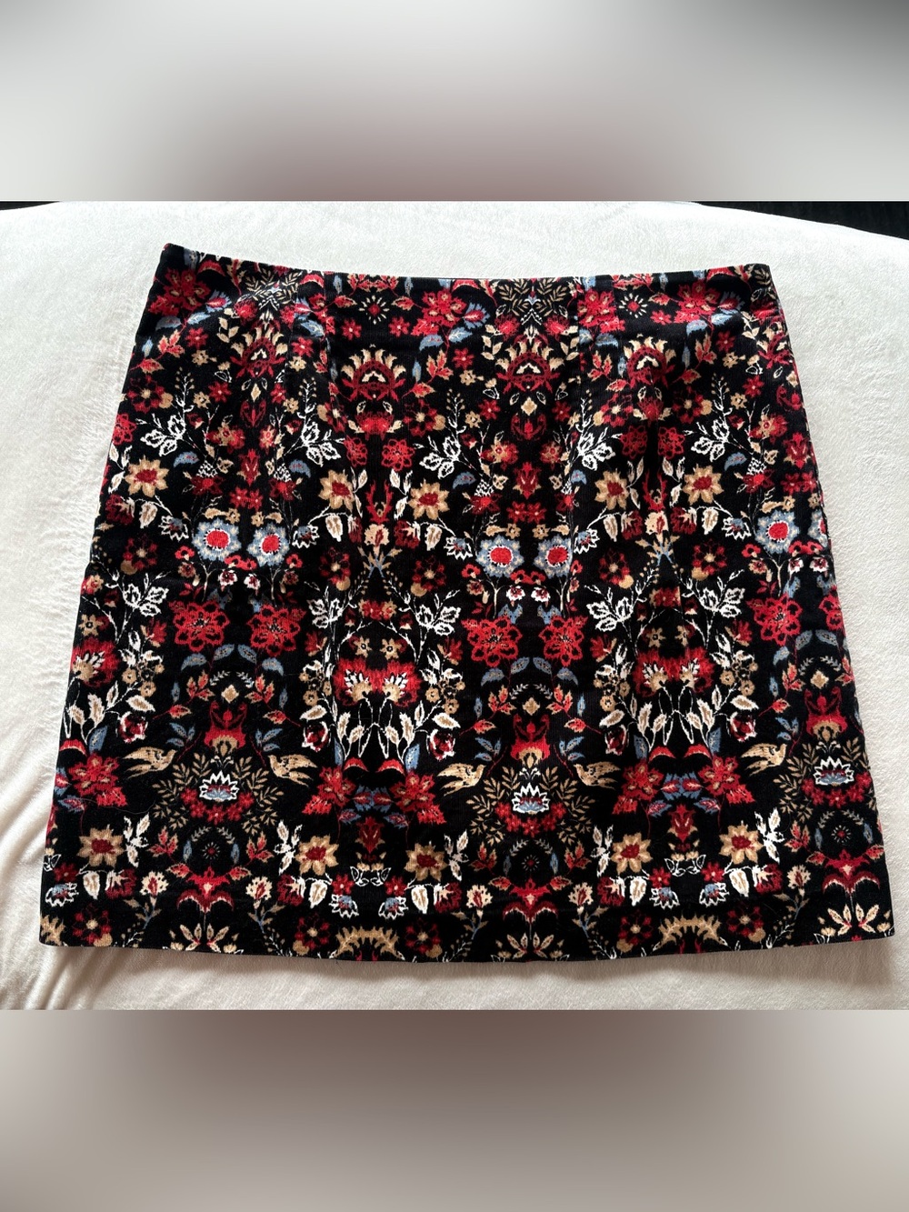 LOFT Black Mini Skirt with Red, Tan & Blue Floral Pattern